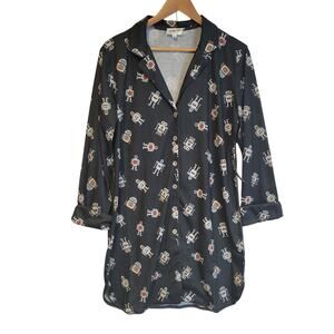 NWT ModCloth Easy Morning Long Sleeve Sleep Shirt Women Robot Nerd Button Size M